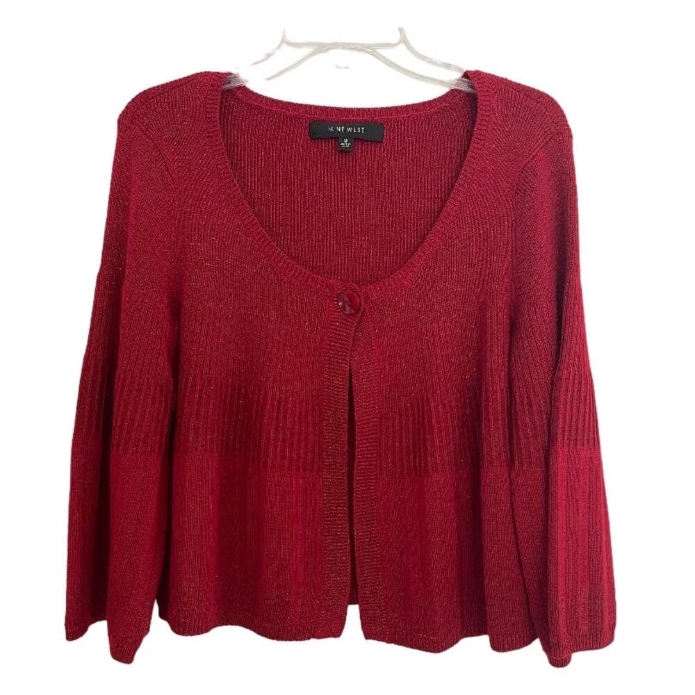 Nine West Red Sparkle Knit Cardigan Sweater Bolero Jacket‎ 3/4 Sleeve Flared M